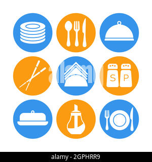 Restaurant vector icon white glyph set. Serving food sign Stock Vector