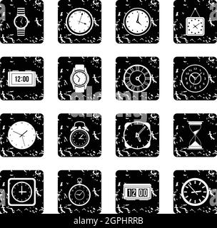 Time and Clock set icons, grunge style Stock Vector