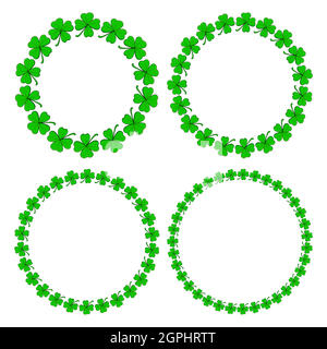Clover circle frame set. Shamrock four leaf border collection. Vector empty background with copy space. Stock Vector
