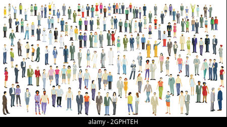 Large crowd, group of people isolated on white, illustration Stock Vector