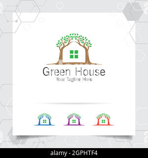 Green house logo design vector with concept of home and leaf icon illustration for real estate, property, residence and mortgage. Stock Vector