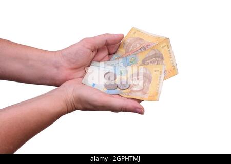 UAH hryvnia, paper banknotes and metal coins. isolated on a white background. Stock Photo