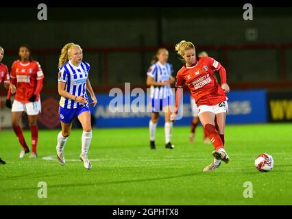 Crawley, UK. 29th Sep, 2021. Lois Houchan of Charlton Athletic plays the ball downfield during the FA Women's Cup Quarter Final match between Brighton & Hove Albion Women and Charlton Athletic at The People's Pension Stadium on September 29th 2021 in Crawley, United Kingdom. (Photo by Jeff Mood/phcimages.com) Credit: PHC Images/Alamy Live News
