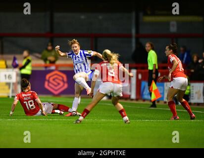 Crawley, UK. 29th Sep, 2021. Lois Roche of Charlton Athletic fouls Felicity Gibbons of Brighton and Hove Albion during the FA Women's Cup Quarter Final match between Brighton & Hove Albion Women and Charlton Athletic at The People's Pension Stadium on September 29th 2021 in Crawley, United Kingdom. (Photo by Jeff Mood/phcimages.com) Credit: PHC Images/Alamy Live News Stock Photo