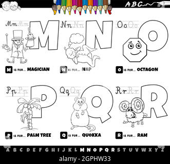 educational cartoon alphabet letters set from M to R color book page Stock Vector