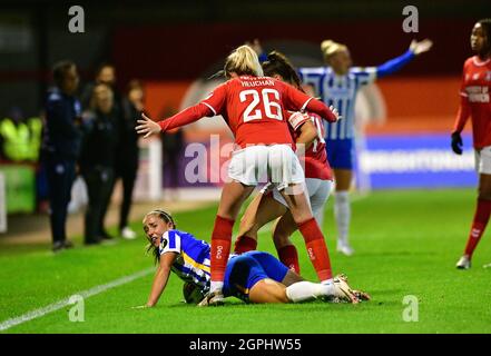 Crawley, UK. 29th Sep, 2021. Lois Houchan of Charlton Athletic fouls Maya Le Tissier of Brighton and Hove Albion during the FA Women's Cup Quarter Final match between Brighton & Hove Albion Women and Charlton Athletic at The People's Pension Stadium on September 29th 2021 in Crawley, United Kingdom. (Photo by Jeff Mood/phcimages.com) Credit: PHC Images/Alamy Live News Stock Photo
