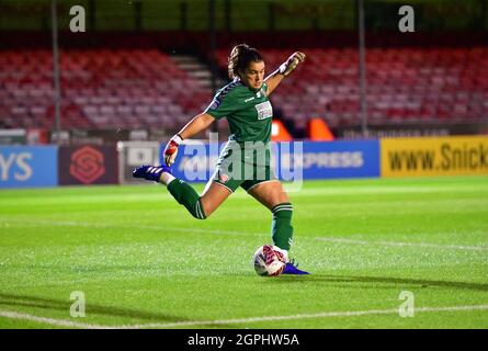 Crawley, UK. 29th Sep, 2021. Eartha Cumings Goalkeeper of Charlton Athletic makes a frantic clearance during the FA Women's Cup Quarter Final match between Brighton & Hove Albion Women and Charlton Athletic at The People's Pension Stadium on September 29th 2021 in Crawley, United Kingdom. (Photo by Jeff Mood/phcimages.com) Credit: PHC Images/Alamy Live News Stock Photo