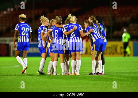 Crawley, UK. 29th Sep, 2021. Brighton players celebrate the opening goal with the scorer Felicity Gibbons of Brighton and Hove Albion during the FA Women's Cup Quarter Final match between Brighton & Hove Albion Women and Charlton Athletic at The People's Pension Stadium on September 29th 2021 in Crawley, United Kingdom. (Photo by Jeff Mood/phcimages.com) Credit: PHC Images/Alamy Live News Stock Photo