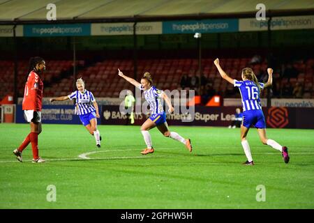 Crawley, UK. 29th Sep, 2021. Felicity Gibbons of Brighton and Hove Albion celebrates scoring the opening goal during the FA Women's Cup Quarter Final match between Brighton & Hove Albion Women and Charlton Athletic at The People's Pension Stadium on September 29th 2021 in Crawley, United Kingdom. (Photo by Jeff Mood/phcimages.com) Credit: PHC Images/Alamy Live News