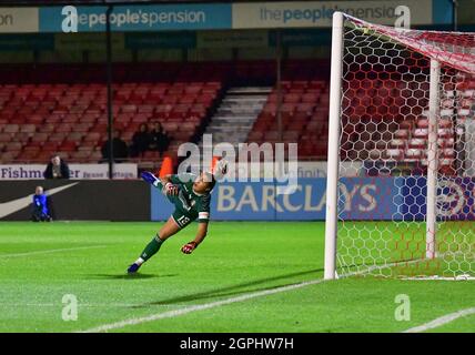 Crawley, UK. 29th Sep, 2021. Eartha Cumings of Charlton Athletic has to make a dramatic diving save during the FA Women's Cup Quarter Final match between Brighton & Hove Albion Women and Charlton Athletic at The People's Pension Stadium on September 29th 2021 in Crawley, United Kingdom. (Photo by Jeff Mood/phcimages.com) Credit: PHC Images/Alamy Live News Stock Photo