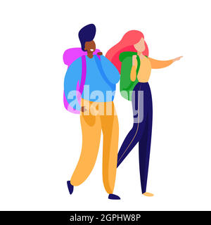 Female tourists walking with backpacks Stock Vector