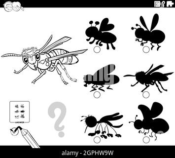 shadows game with wasp character coloring book page Stock Vector