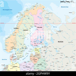 vector map of northern europe with major cities and bodies of water Stock Vector