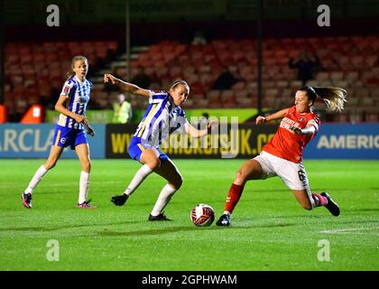 Crawley, UK. 29th Sep, 2021. Anna Filbey of Charlton Athletic and Aileen Whelen of Brighton and Hove Albion both go for the ball during the FA Women's Cup Quarter Final match between Brighton & Hove Albion Women and Charlton Athletic at The People's Pension Stadium on September 29th 2021 in Crawley, United Kingdom. (Photo by Jeff Mood/phcimages.com) Credit: PHC Images/Alamy Live News Stock Photo