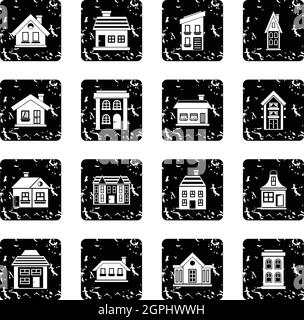 House set icons, grunge style Stock Vector