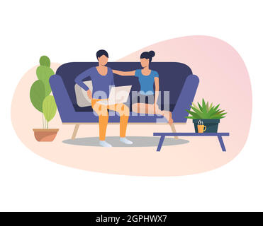 Friends with laptop meeting at home Stock Vector