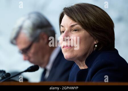 United States. 29th Sep, 2021. United States Senator Amy Klobuchar (Democrat of Minnesota), and US Senator Sheldon Whitehouse (Democrat of Rhode Island), attend the Senate Judiciary Committee hearing titled “Texas's Unconstitutional Abortion Ban and the Role of the Shadow Docket,” in Hart Senate Office Building in Washington, DC, on Wednesday, September 29, 2021. Credit: Tom Williams/Pool Via Cnp/Media Punch/Alamy Live News Stock Photo