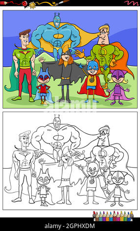 cartoon superheroes characters coloring book page Stock Vector