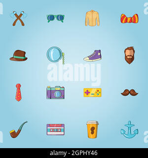 Hipster icons set, cartoon style Stock Vector