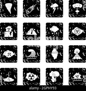 Natural disaster set icons, grunge style Stock Vector