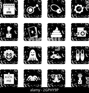 April fools day set icons, grunge style Stock Vector