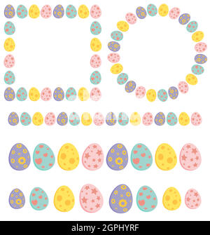 Easter egg frame and divider collection. Set of empty holiday borders in pastel colors. Vector illustration isolated on white background. Contains circle , square,rectangle and line design. Stock Vector