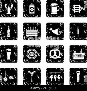 Beer set icons, grunge style Stock Vector
