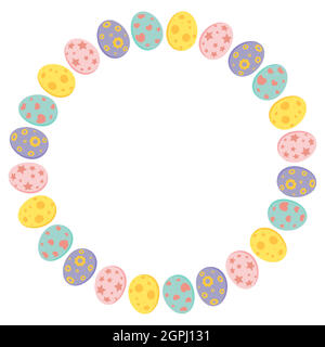 Easter egg circle frame in pastel colors. Holiday round border for greeting card design with text space. Vector illustration isolated on white background. Stock Vector