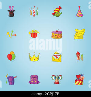 Birthday party icons set, cartoon style Stock Vector