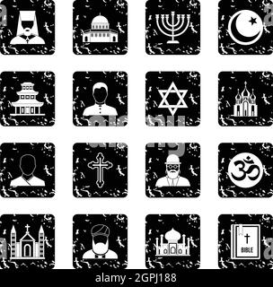 Religion icons set, grunge style Stock Vector
