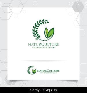 Agriculture logo design with concept of grain icon and plant leaves vector. Green nature logo used for agricultural systems, farmer, and plantation products. Stock Vector