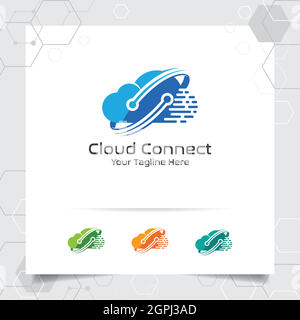 Cloud hosting logo vector design with concept of digital and connect symbol. Cloud computing vector illustration for hosting provider, server rack, and sharing storage. Stock Vector