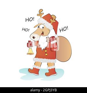 Funny Reindeer in Santa Claus suit on white background illustration Stock Photo