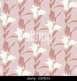 Floral seamless pattern of white and tuscany color lily flowers with bronze outline. Decorative print for wallpaper, wrapping, textile, fashion fabric or other printable covers. Stock Vector