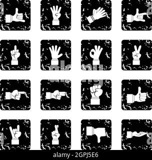 Hand gesture set icons, grunge style Stock Vector