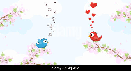 Birds in love on blossom branches Stock Vector