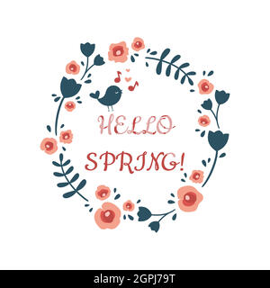 Hello spring lettering floral vintage frame Stock Vector