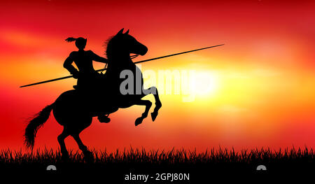 Knight on a horse on the background of a sunny sunset Stock Vector