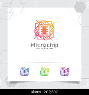 Technology digital logo vector design with concept of microchip icon for programmer, technology community, application software, and engineer. Stock Vector