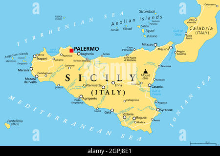 Sicily, autonomous region of Italy, political map Stock Vector