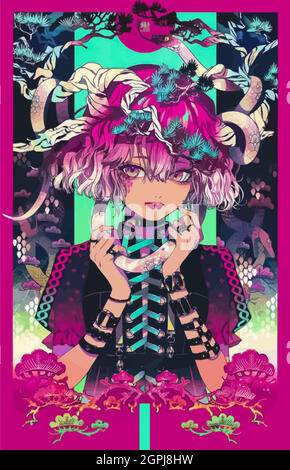 colorful anime girl with pink hair and snakes on her head Stock Vector