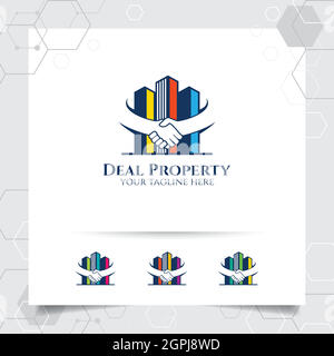 Property logo design vector with concept of deal and hand shake. Real estate and apartment logo vector for hotel, residence, construction and contractor. Stock Vector