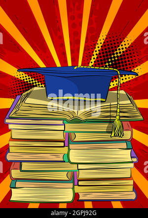 Blue graduation cap on books. Education concept. Stock Vector