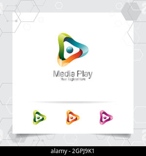 Media play logo design vector with concept of colorful play music icon for studio, application, and multimedia. Stock Vector