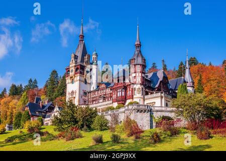 Peles castle in autumn. Sinaia, Prahova county, Romania. Stock Photo