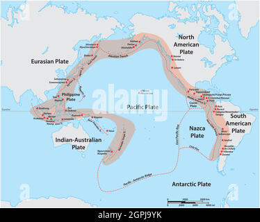 Vector map of the Pacific Ring of Fire with the main volcanoes Stock Vector