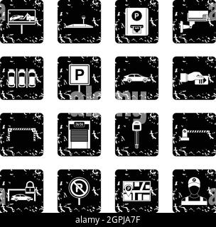 Car parking set icons, grunge style Stock Vector