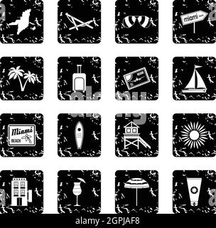 Miami set icons, grunge style Stock Vector