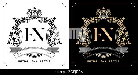 EN royal emblem with crown, set of black and white labels, initial letter and graphic name Frames Border of floral designs, EN Monogram, for insignia, initial letter frames, wedding couple name. Stock Vector