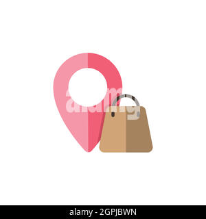 Location. Shopping bag. Flat color icon. Commerce vector illustration Stock Vector